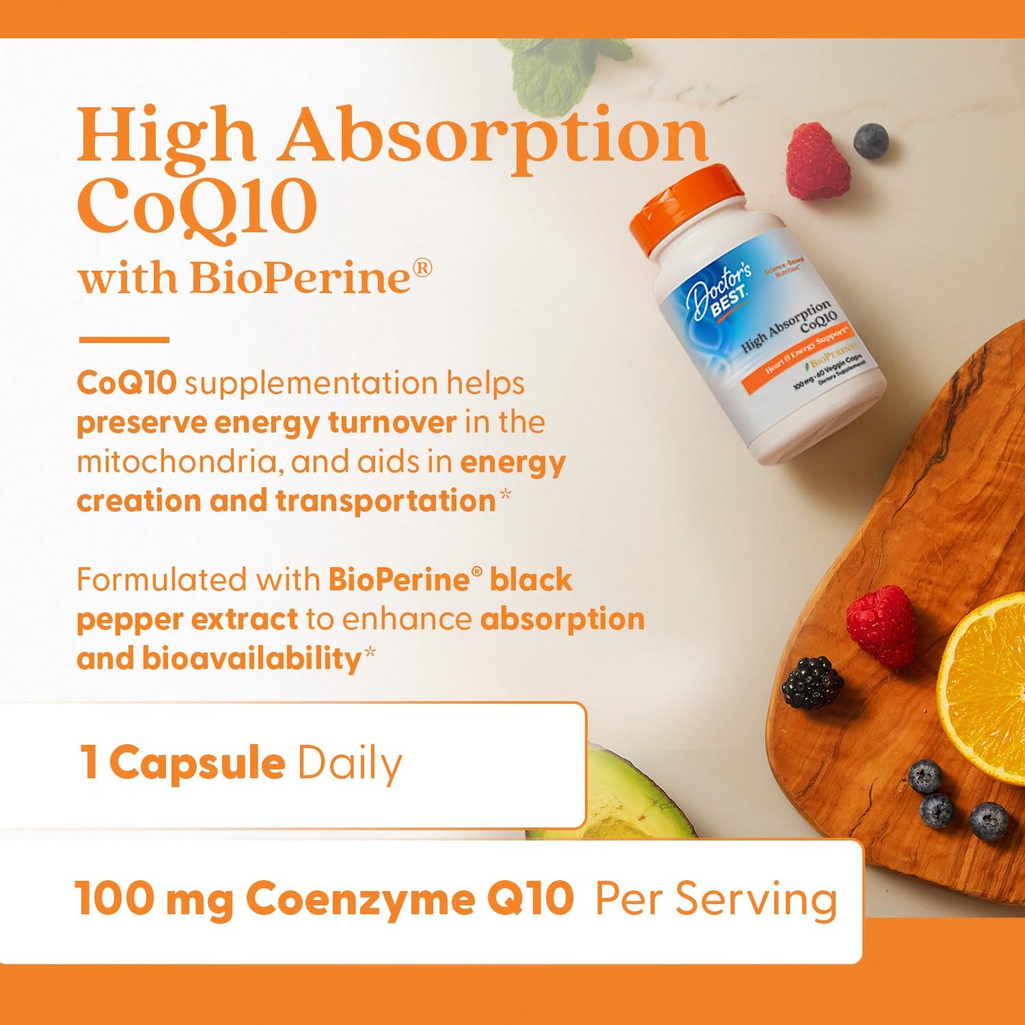 Doctor's Best High Absorption CoQ10 with BioPerine, Vegan, Gluten Free, Naturally Fermented, Heart Health & Energy Production, 100 mg 60 Veggie Caps