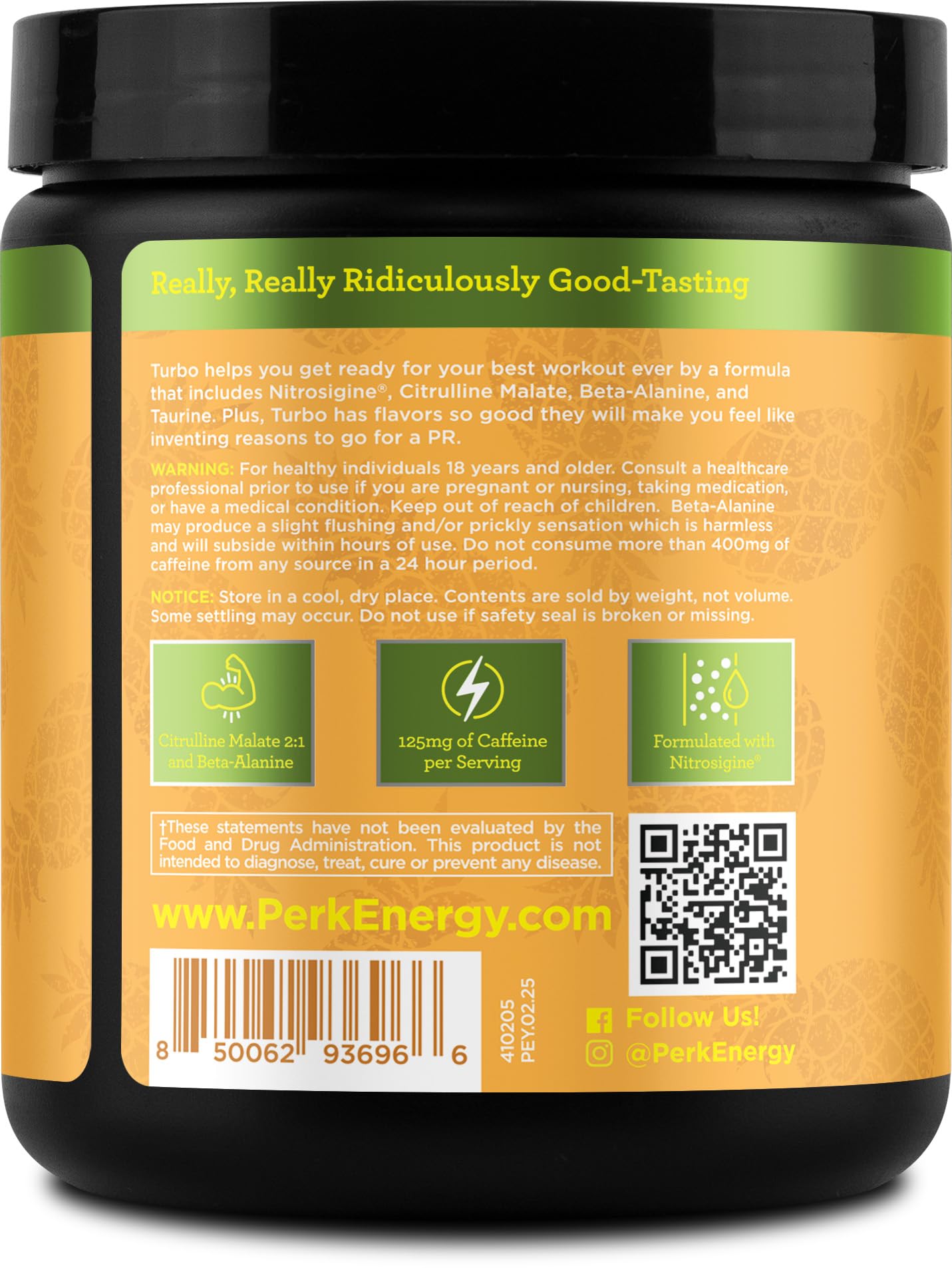 Perk Turbo Pre-Workout Pineapple Whip Flavored (20 Servings) - Gluten Free, Soy Free