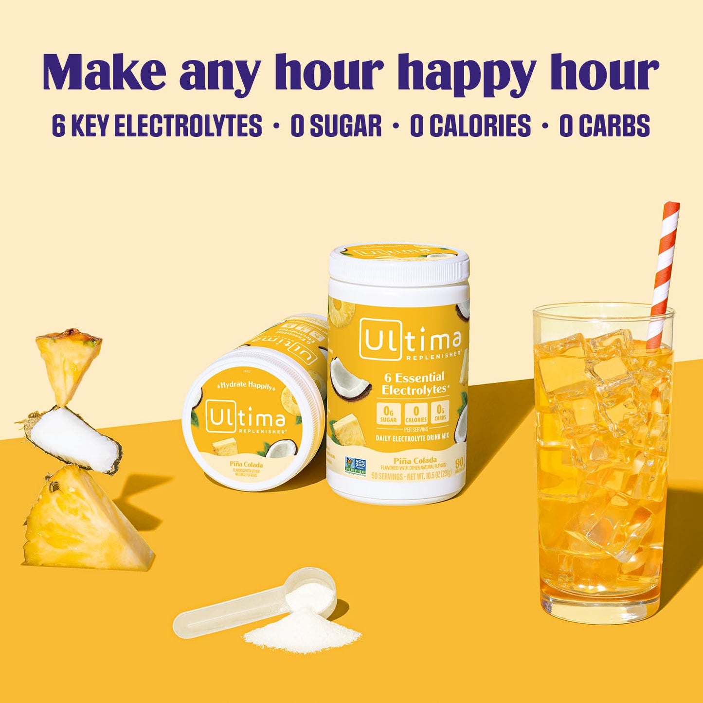 Ultima Replenisher Mocktini Electrolyte Powder Drink Mix - Piña Colada, 90 Servings - Hydration Powder with 6 Electrolytes and Trace Minerals - Keto Friendly, Non-GMO and Sugar-Free