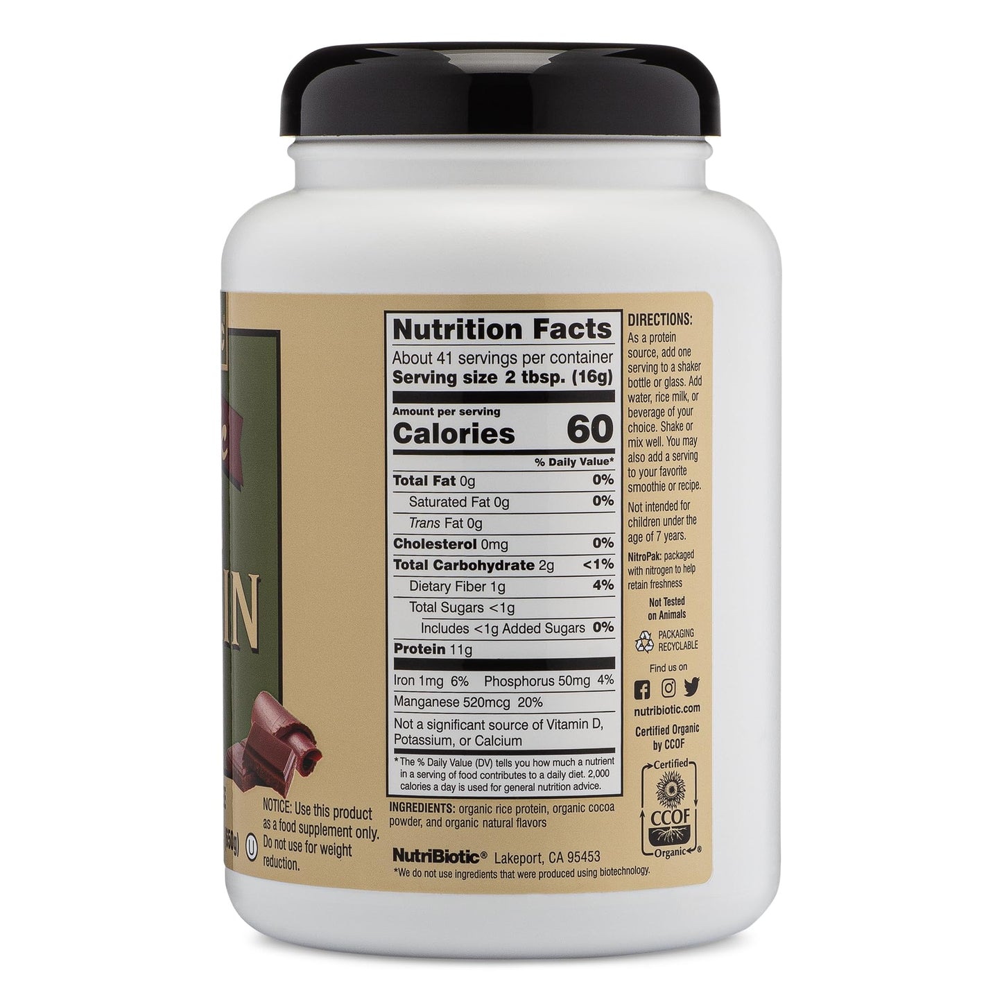 NutriBiotic Certified Organic Rice Protein Chocolate, 22.9 Oz | Low Carbohydrate Vegan Protein Powder | Raw, Certified Kosher & Keto Friendly | Made Without Chemicals, GMOs & Gluten | Easy to Digest