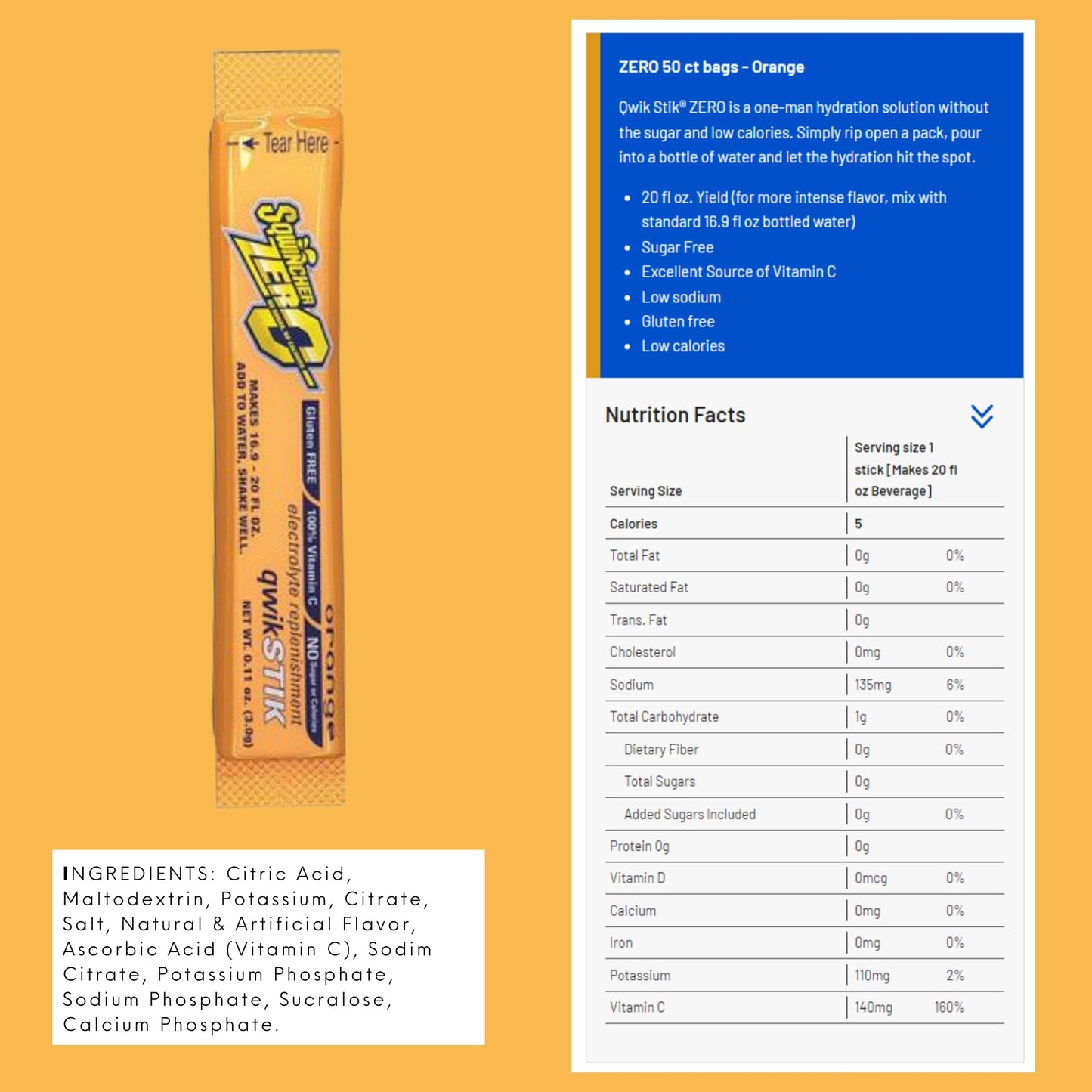 Sqwincher Stik Qwik Beverage 20Oz Yield Orange Quik Stick Zero 1 Pack of 50