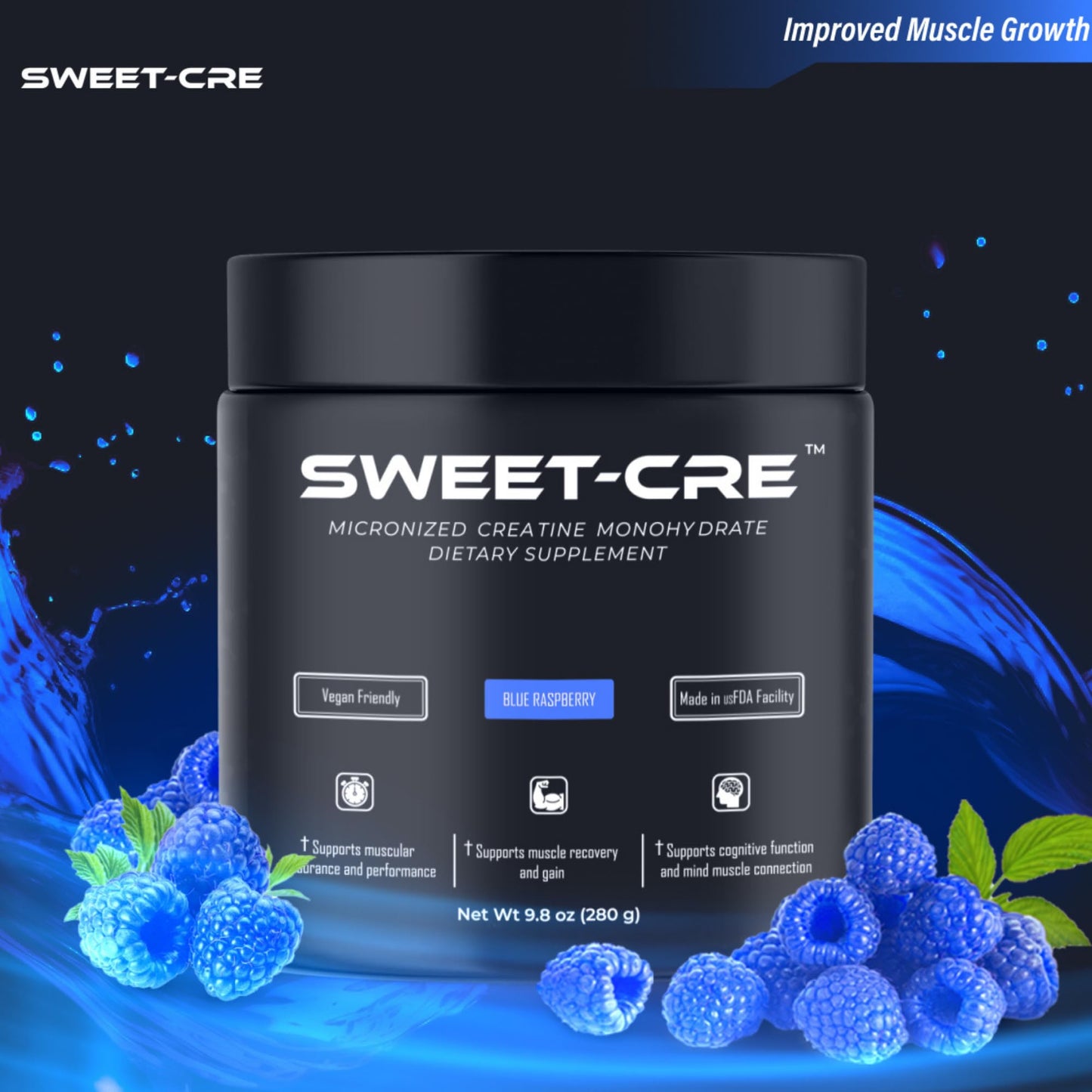 Sweet Cre Creatine Monohydrate - 5g Creatine Monohydrate Powder - Advanced Creatine for Women and Men - Bulk Supplements Creatine - Delicious Fruit Punch Flavor - 9.8oz (40 Servings, Blue Raspberry)