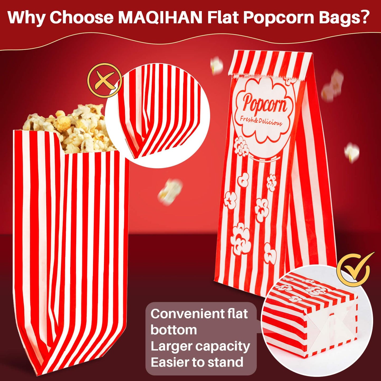 MAQIHAN 50 Popcorn Bags Individual Servings  Flat Bottom Paper Popcorn Food Bags Party Pop Corn Sleeves Bulk Carnival Halloween Snack Packs Gift Favor Treat bolsas para palomitas Movie Night Supplies