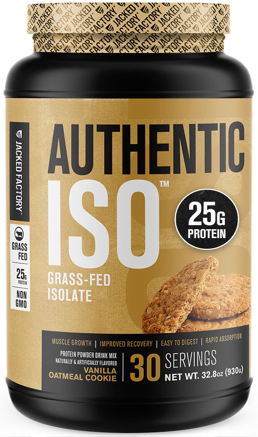 Jacked Factory Authentic ISO Grass Fed Whey Protein Isolate Powder - Low Carb, Non-GMO Muscle Building Protein w/No Fillers, Mixes Perfectly, Vanilla Oatmeal Cookie - 2LB, 30 SV