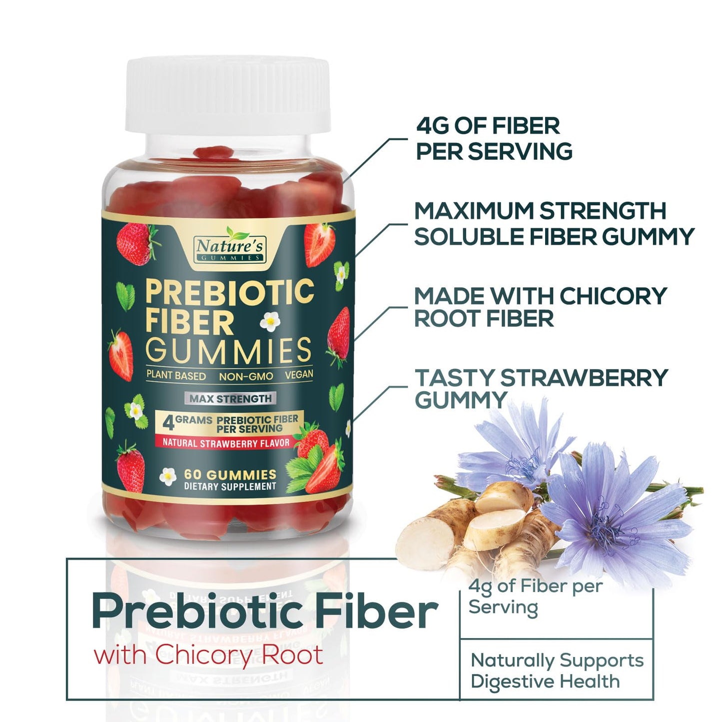Fiber Supplement Gummies for Digestive Health & Regularity Support, Fiber 4g Gummy for Adults, Daily Prebiotic Supplements, Natural Prebiotic Fiber Gummy, Plant Based, Strawberry Flavored - 60 Gummies