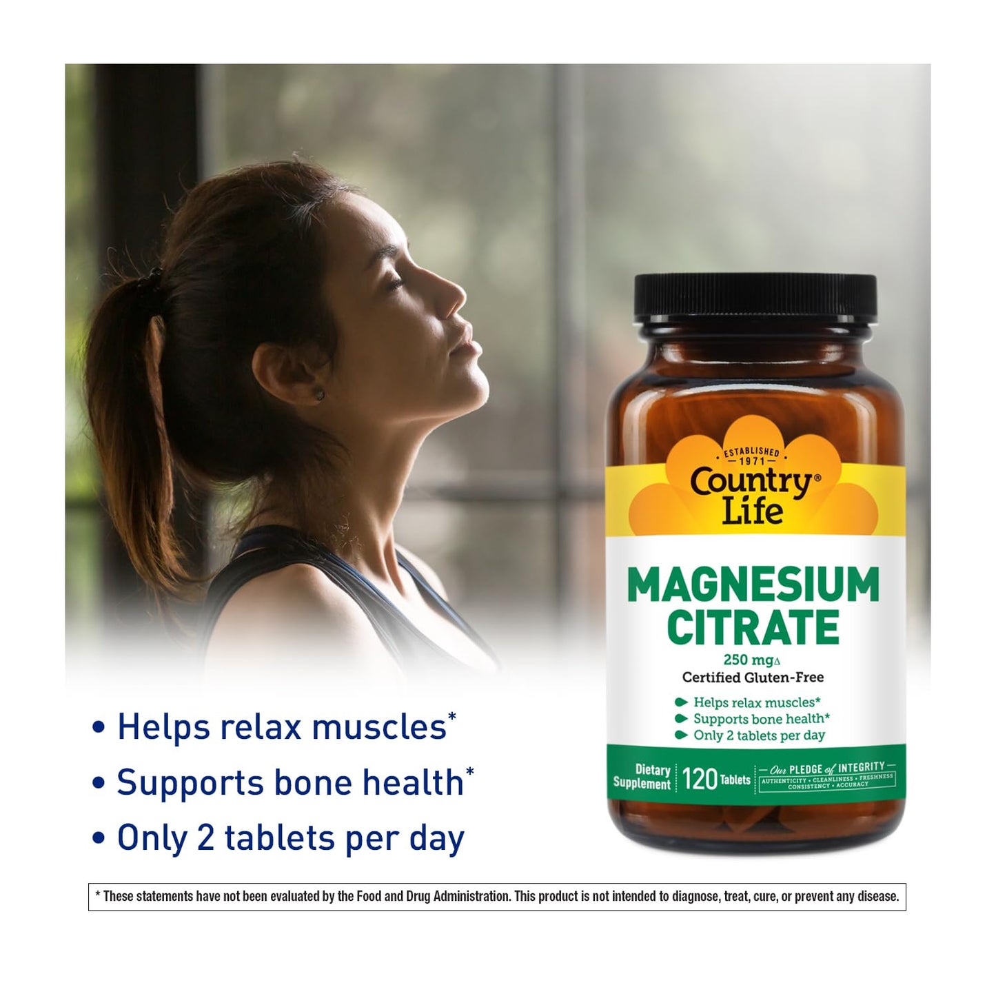 Country Life Magnesium Citrate 250mg - 120 Tablets - Supports Muscle & Nerve Function, Heart Rhythm, Healthy Immune System, Energy Production - Magnesium Complex Supplement