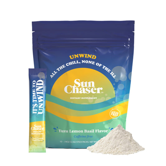 SUN CHASER Unwind Blend AlcoholFree Drink Mix for Relaxation and Mild StressRelief Mocktail SugarFree Vegan Gluten Free Yuzu Lemon Basil 10 x 019 oz Stick Packs