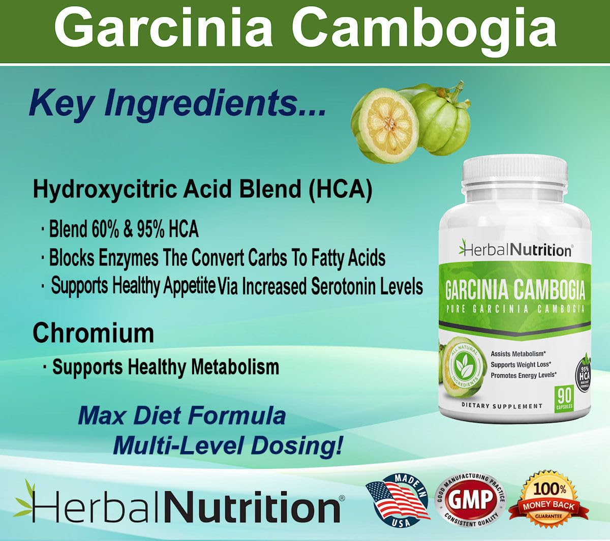 Herbal Nutrition Garcinia Cambogia for Weight Management and Kidney Stone Management, 2, 90 Count Bottles 180 Capsules 60% and 95% HCA Blend Dosing 700mg - 2400mg