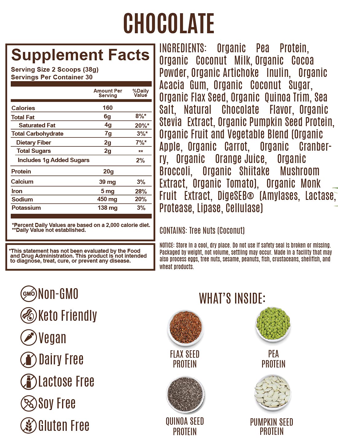 THriV Nutrition - Organic Plant Based Protein Powder, Chocolate or Vanilla, Vegan, Gluten-Free, Non-GMO, Dairy Free, (2.5lb/1,140g) Powder (Chocolate)