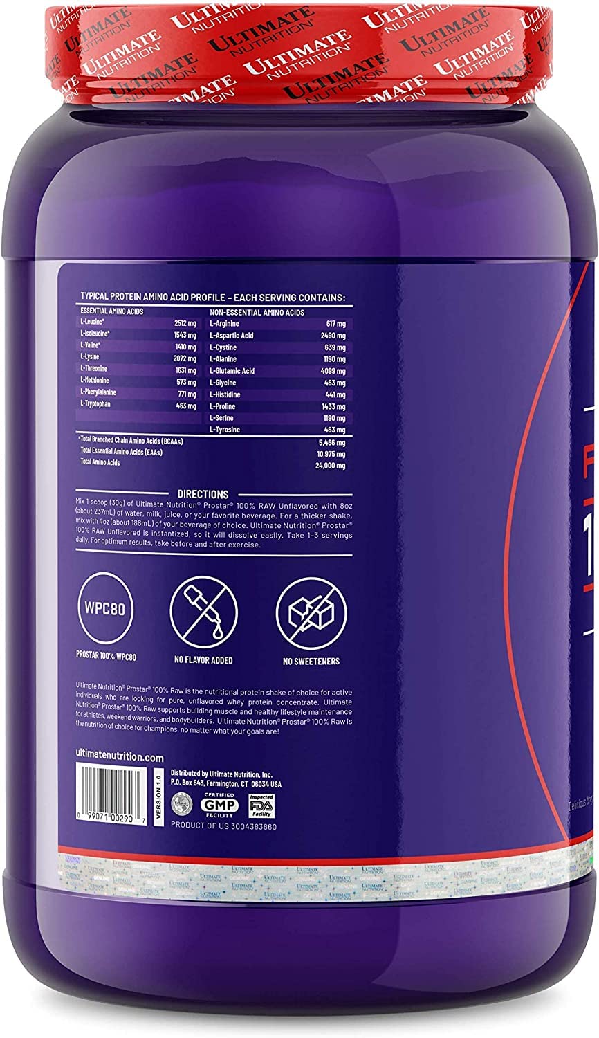 Ultimate Nutrition RAW Whey Protein Concentrate Powder with No Added Ingredients or Flavors - 24 Grams of Protein Per Serving with 5.5 Grams of BCAAs, 2.2 Pounds, Unflavored