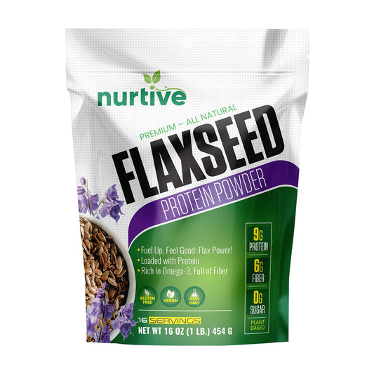 NURTIVE Flaxseed Protein Powder - Plant-Based, Rich in Omega-3 and Antioxidants - Ideal for Post-Workout Recovery - Nutritional Boost for Smoothies & Baking - Non-GMO & Gluten-Free (16 oz / 454g)