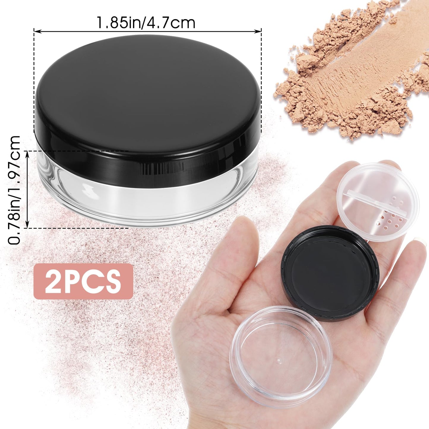 YUXIANLB 2 Pcs Plastic Empty Loose Powder Compact Refillable Reusable Box No Leak Holder with Common Sifter and Black Screw Lid Small Travel Makeup Size Powder Container for Women