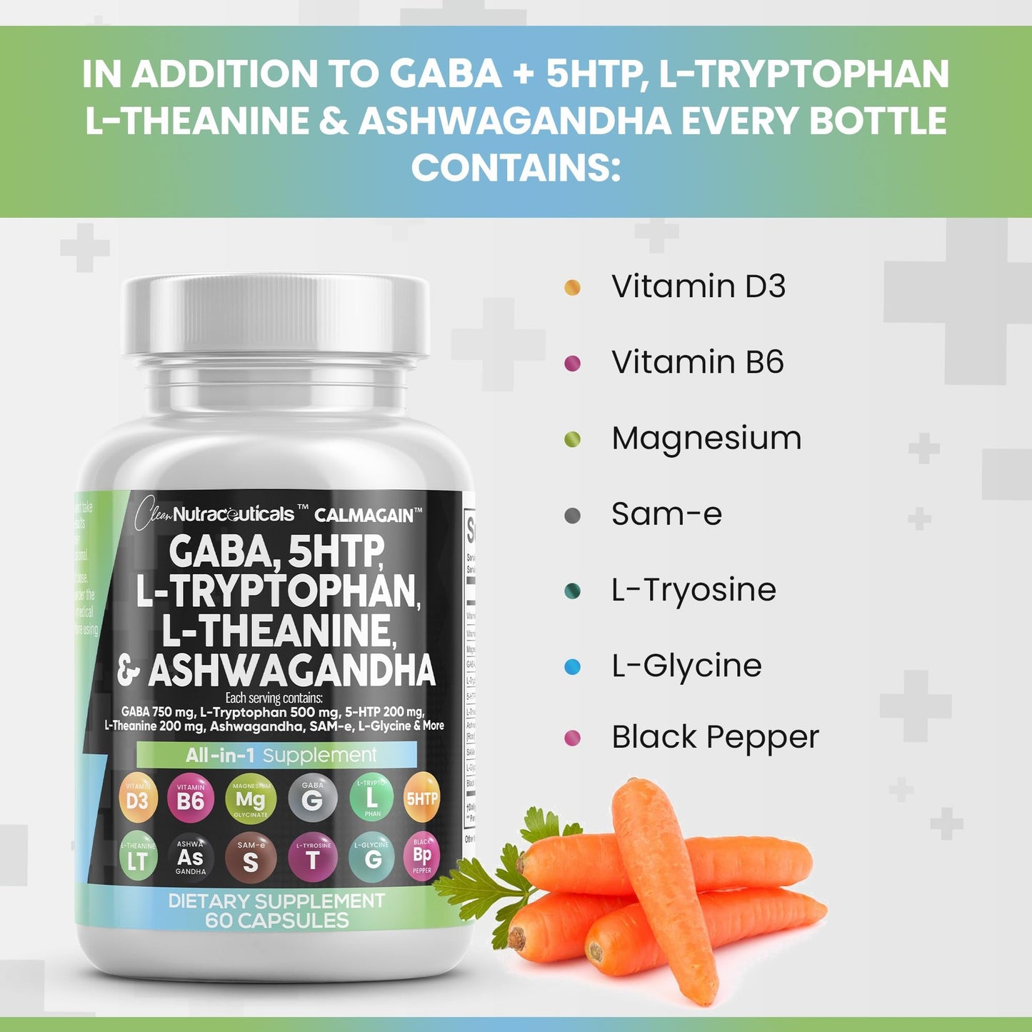 Clean Nutraceuticals GABA 750mg 5 HTP 200mg L Tryptophan 500mg L Theanine 200mg Ashwagandha SAM-e L-Glycine - Mood Support Vitamins for Women and Men with L-Tyrosine 5-HTP (5-Hydroxytryptophan)