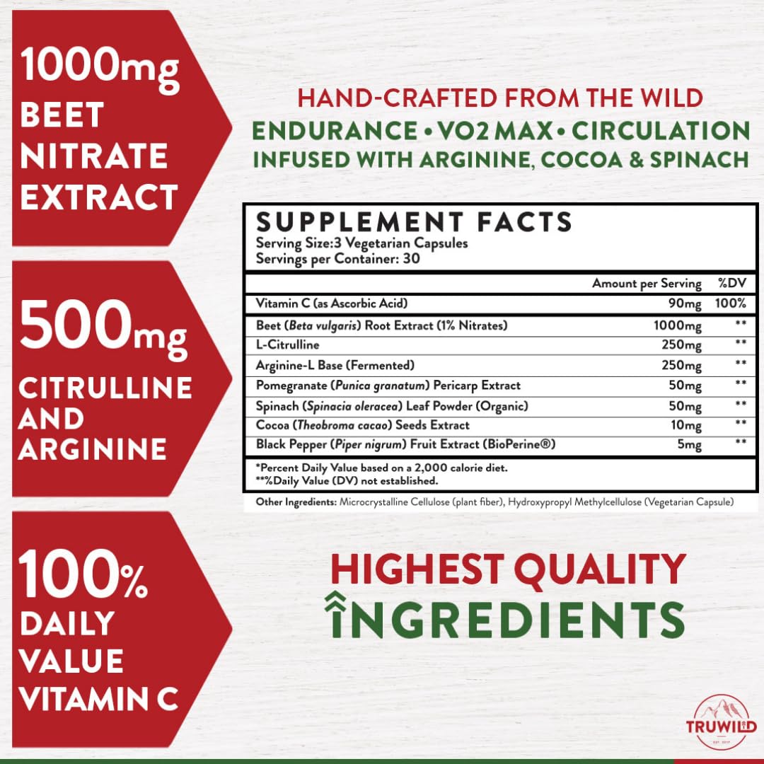 TruWild All Natural Beet Root Powder, Nitric Oxide Booster, 1000mg, Vegan Superfood Capsule Supplement, Beetroot Extract Supports Overall Health, Performance & Stamina, 30 Servings