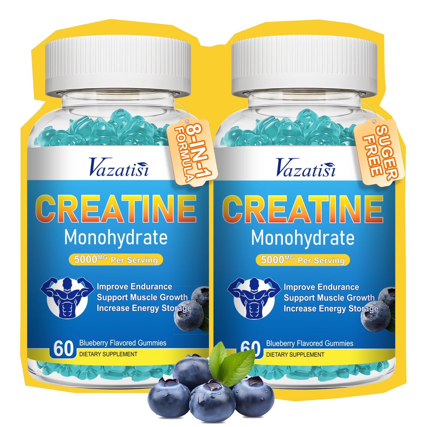2 Pack Creatine Monohydrate Gummies for Women & Men, Sugar Free Vegan Creatine Supplement for Build Muscles, Increase Energy & Strength, Blueberry Flavor, 120 Count