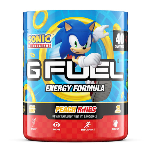 G Fuel Sonic Energy Drink Powder, Pre Workout Caffeine Mix for Gaming, Sugar Free Focus Amino, Vitamin + Antioxidants, 9.8oz (Peach Ring Candy, 40 Servings)