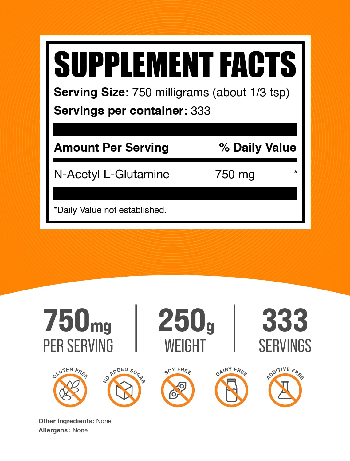 BulkSupplements.com N-Acetyl L-Glutamine Powder - Glutamine Supplement, L Glutamine Powder, Gut Health & Recovery - Gluten Free, 750mg per Serving, 250g (8.8 oz) (Pack of 1)