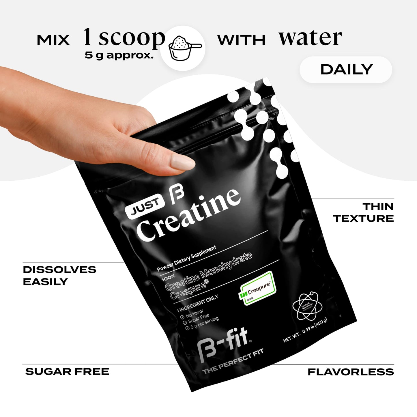 B-FIT B Creatine Monohydrate Powder - Just Creatine Creapure - 90 Servings - 450 g - Pre Workout Creatine for Women - Sugar-Free - Flavorless Supplement - 3 Month Supply