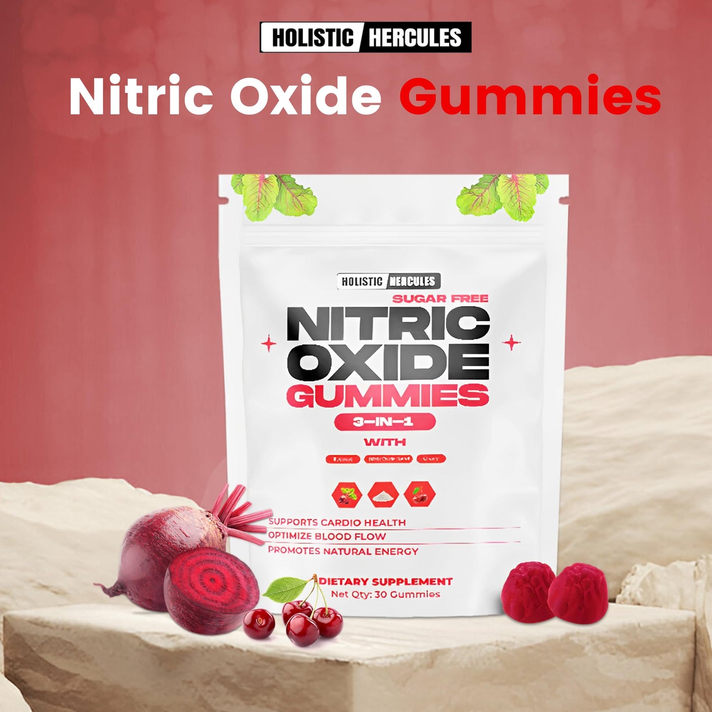 Holistic Hercules Nitric Oxide Gummies - Nitric Oxide Supplements for Men - Sugar-Free Beet Root & Cherry Chews for Energy & Circulation - Supports Heart Health & Blood Flow - Vegan, Non-GMO, 30 Count
