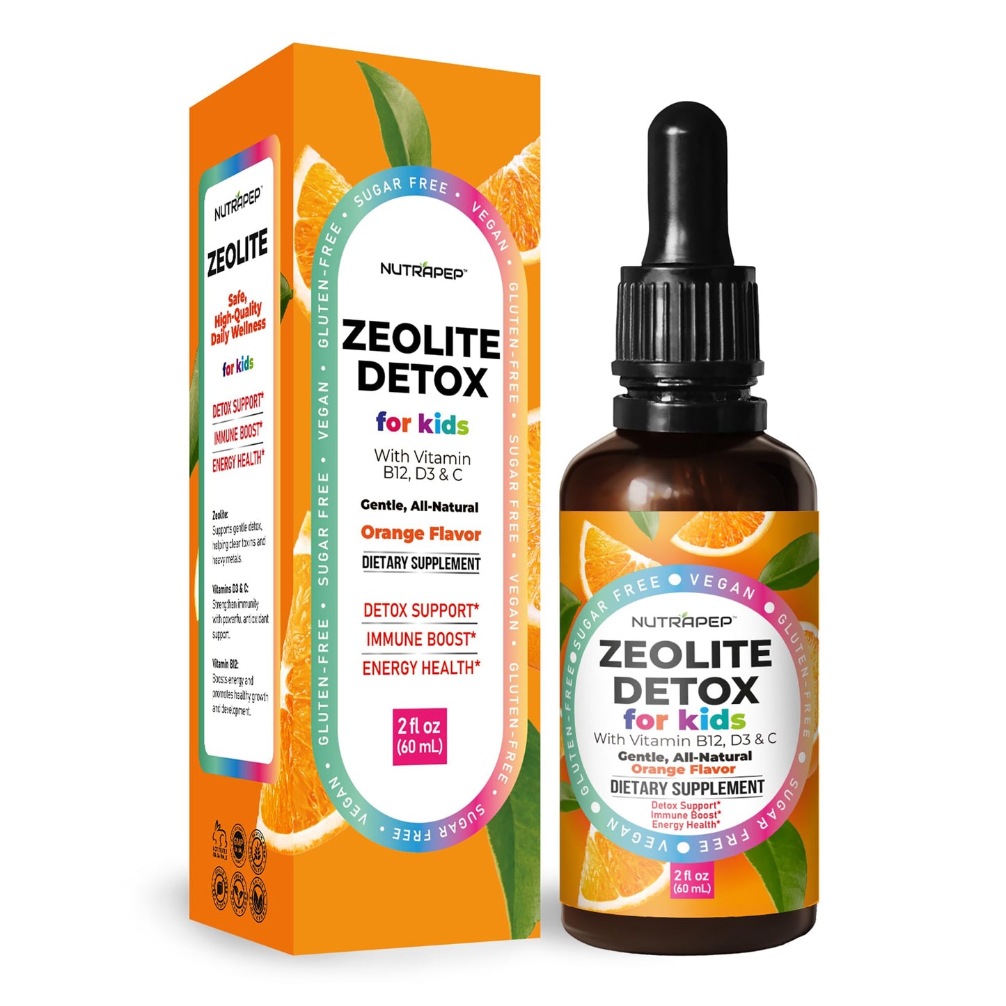NutraPep Zeolite Detox for Kids - Gentle Micronized Clinoptilolite Supplement with Vitamin B12 C D - Full Body Cleanse Liquid Drops for Children Toddlers - Orange Flavor Vegan Gluten-Free