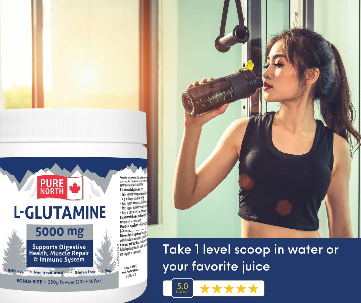 PURE NORTH NATURALS - L-Glutamine 5000mg, 250g - Gut L-Glutamine Powder Gut Health - Digestive Health - Support Muscle Repair & Support Immune System - 3rd Party Tested - Formulated & Made in Canada