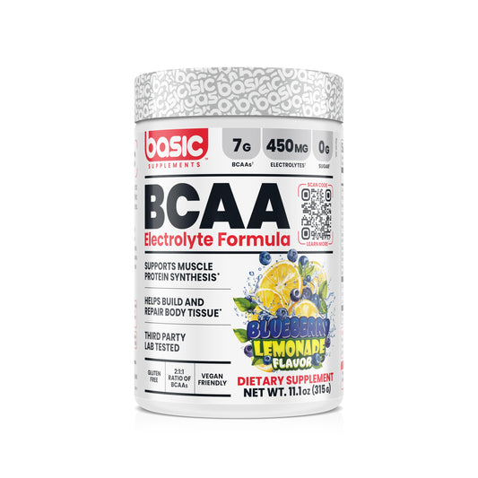 BASIC SUPPLEMENTS BCAA Powder, Instantized Formula with 7g BCAAs, 2:1:1 Ratio, 450mg of Electrolytes, Sugar-Free, Vegan, Gluten-Free, Supports Muscle Recovery (30 Servings, Blueberry Lemonade)