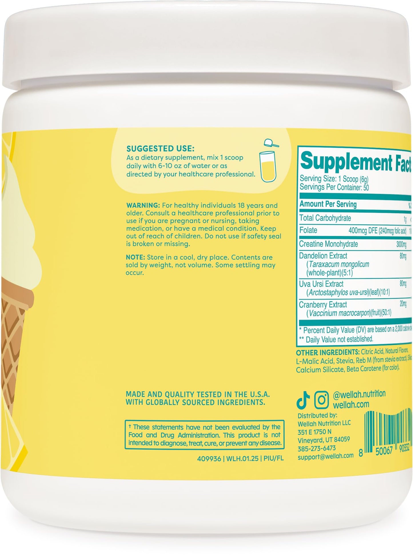 Wellah Pump-It-Up Creatine (50 Servings, Frozen Lemonade) - Creatine Monohydrate with Dandelion, Uva Ursi, & Cranberry Extract