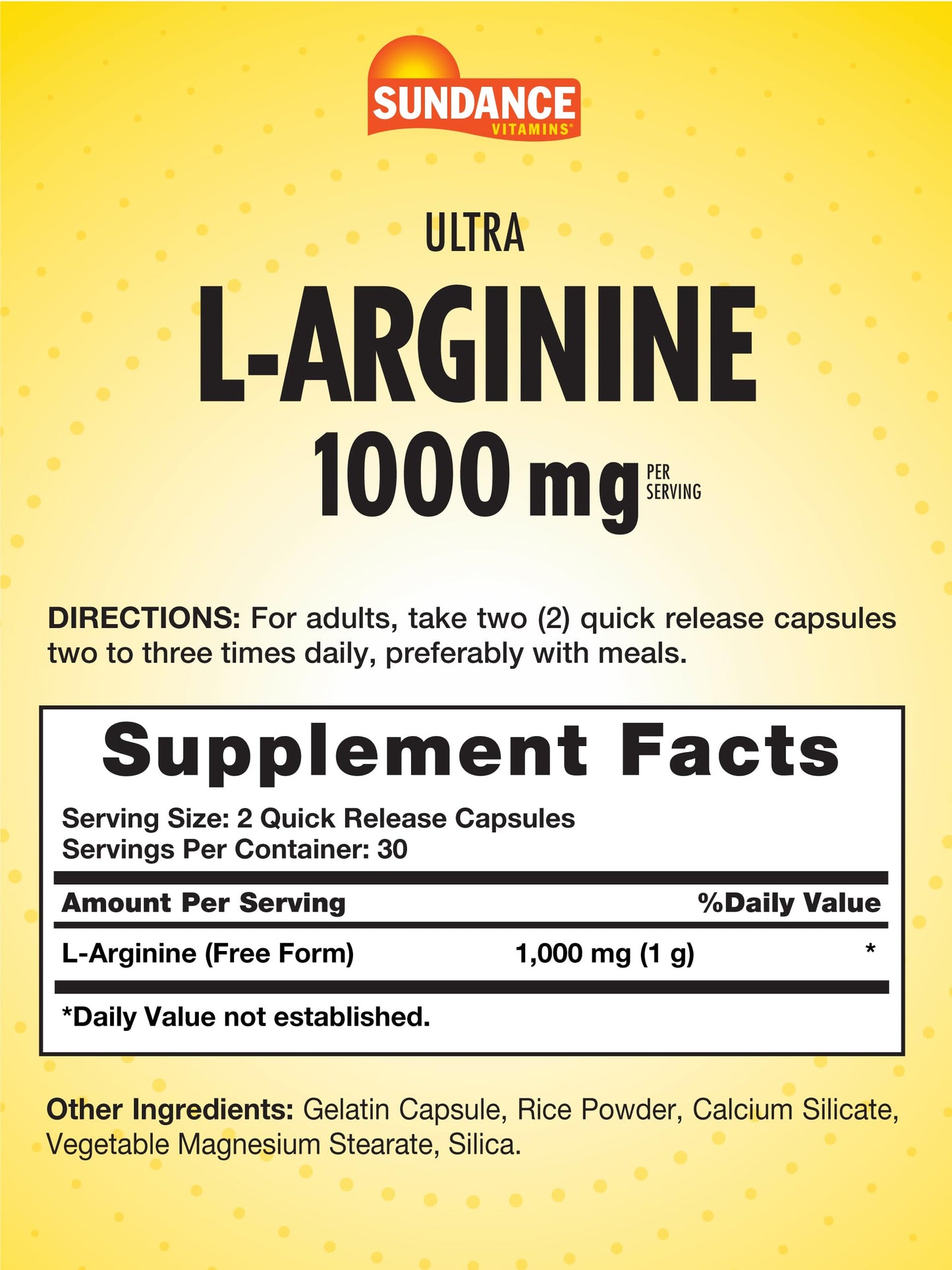Sundance L-Arginine 1000mg Capsules | 60 Count | Free Form Amino Acid Supplement | Non-GMO and Gluten Free Supplement