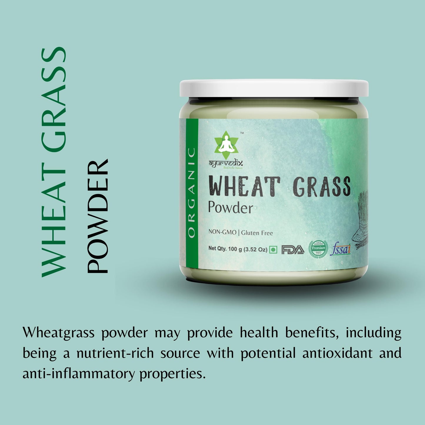 ayurvedix Organic Wheat Grass Powder - Pure Superfood Supplement for Detox and Immune Support - 100 Grams Pack of 1