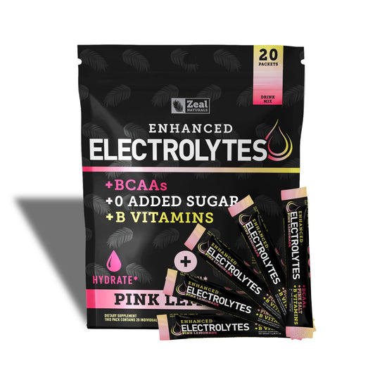 Enhanced Electrolyte Powder Stick Packs (Pink Lemonade - 20 Packets) w 0 Sugar +BCAAs +B-Vitamins Electrolyte Supplement w Potassium Zinc & Magnesium for Hydration - Keto Electrolytes