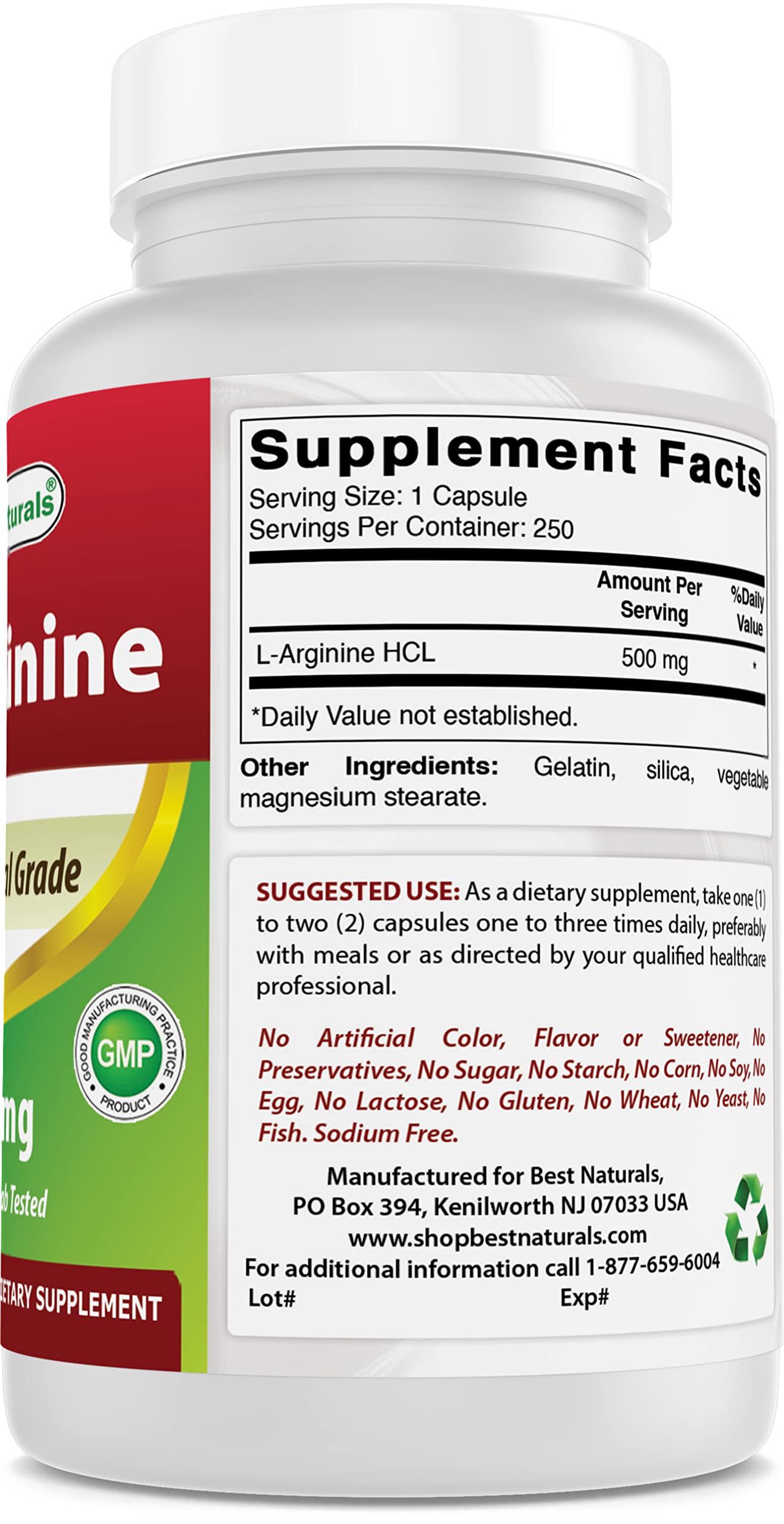 Best Naturals L-Arginine 500mg 250 Capsules (250 Count (Pack of 2))