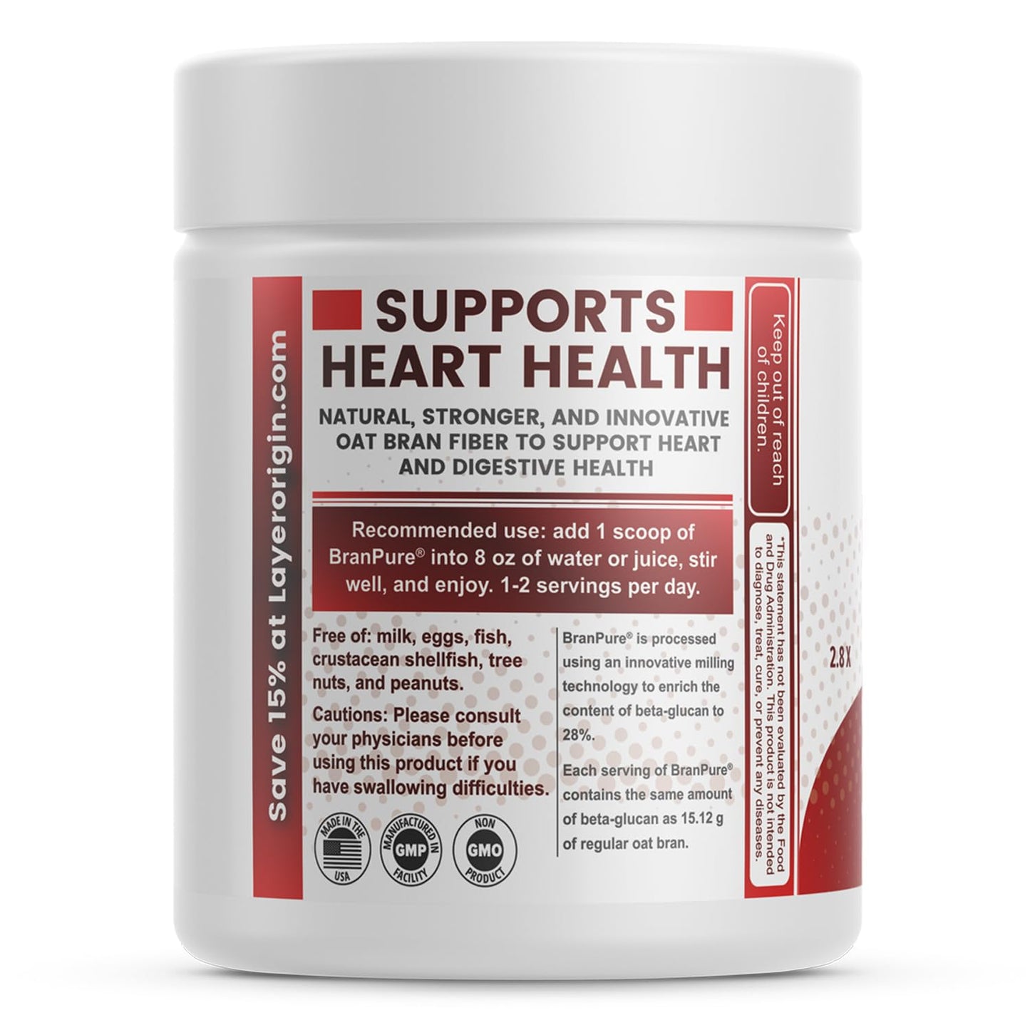 Layer Origin BranPure Super Concentrated Oat Bran Fiber Supplement - Heart Health Fiber, 1.5g Soluble Oat Beta-Glucan per Serving, Powder, 30 Servings