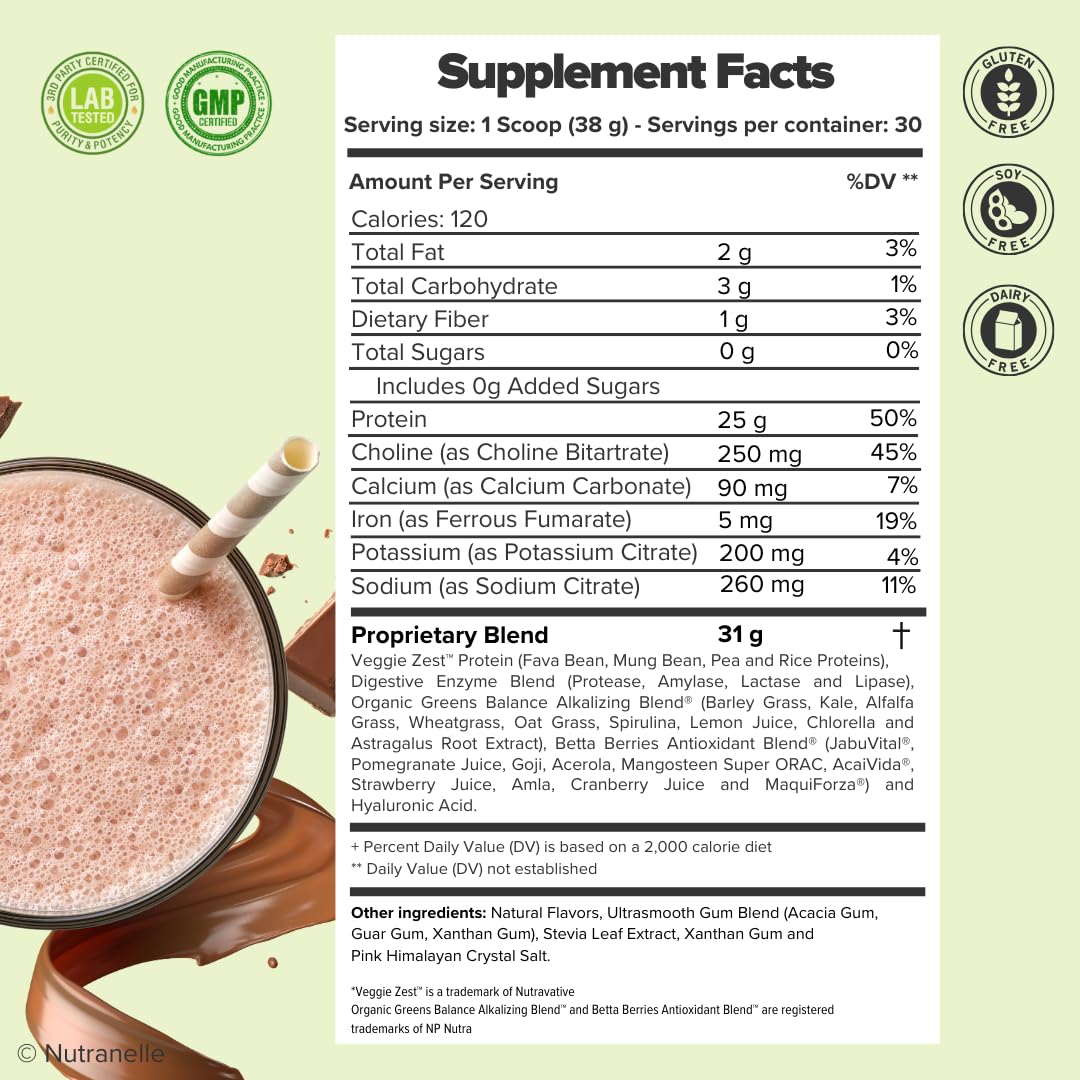Nutranelle - Plant Based Protein Powder - 25 g Vegan Protein Powder with 30 Servings - Blended Rice & Pea with Superfoods & Amino Acids - Zero Sugar - Chocolate