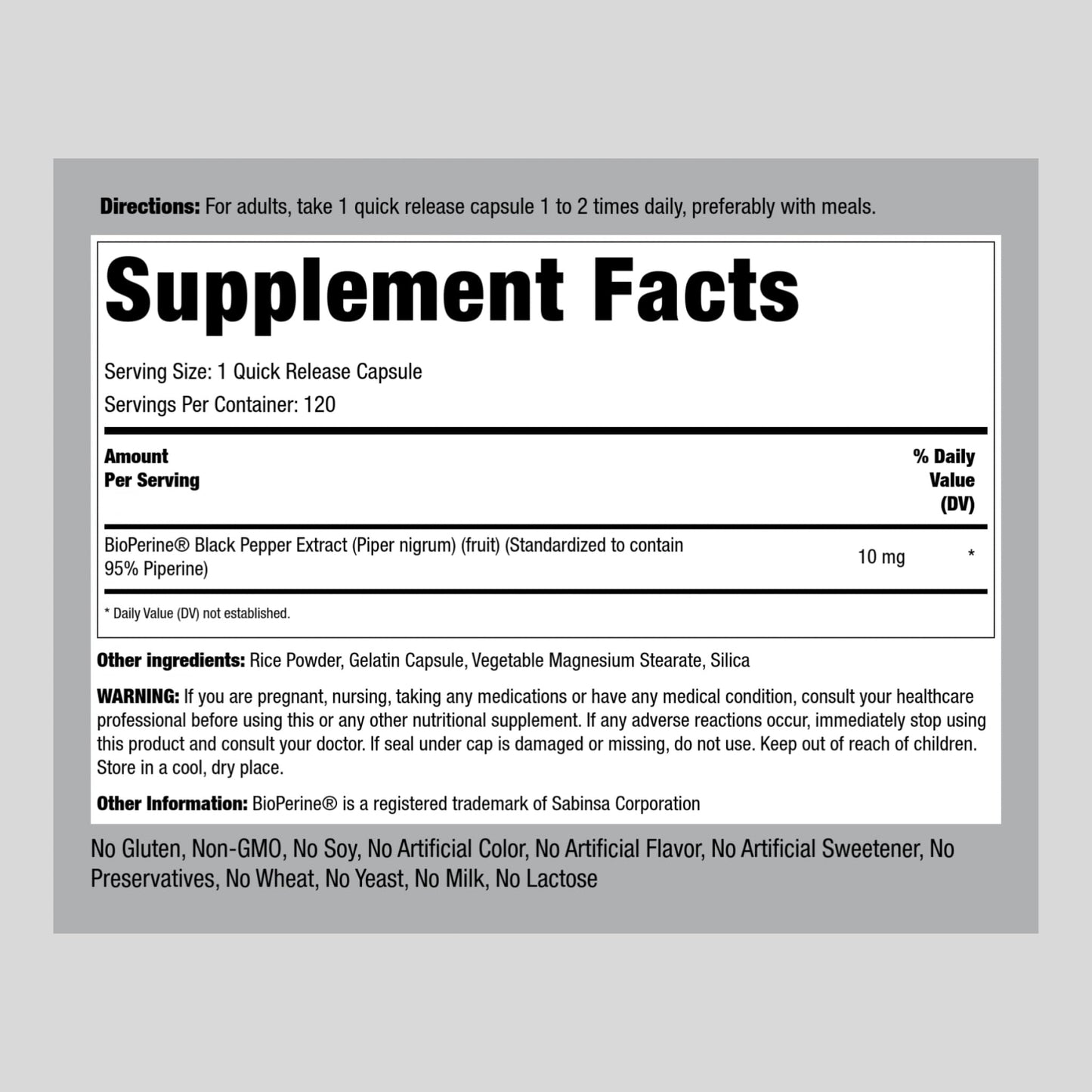 Piping Rock Bioperine Supplement 10mg | 120 Capsules | Black Pepper Extract | 95% Piperine | Gluten Free, Non-GMO