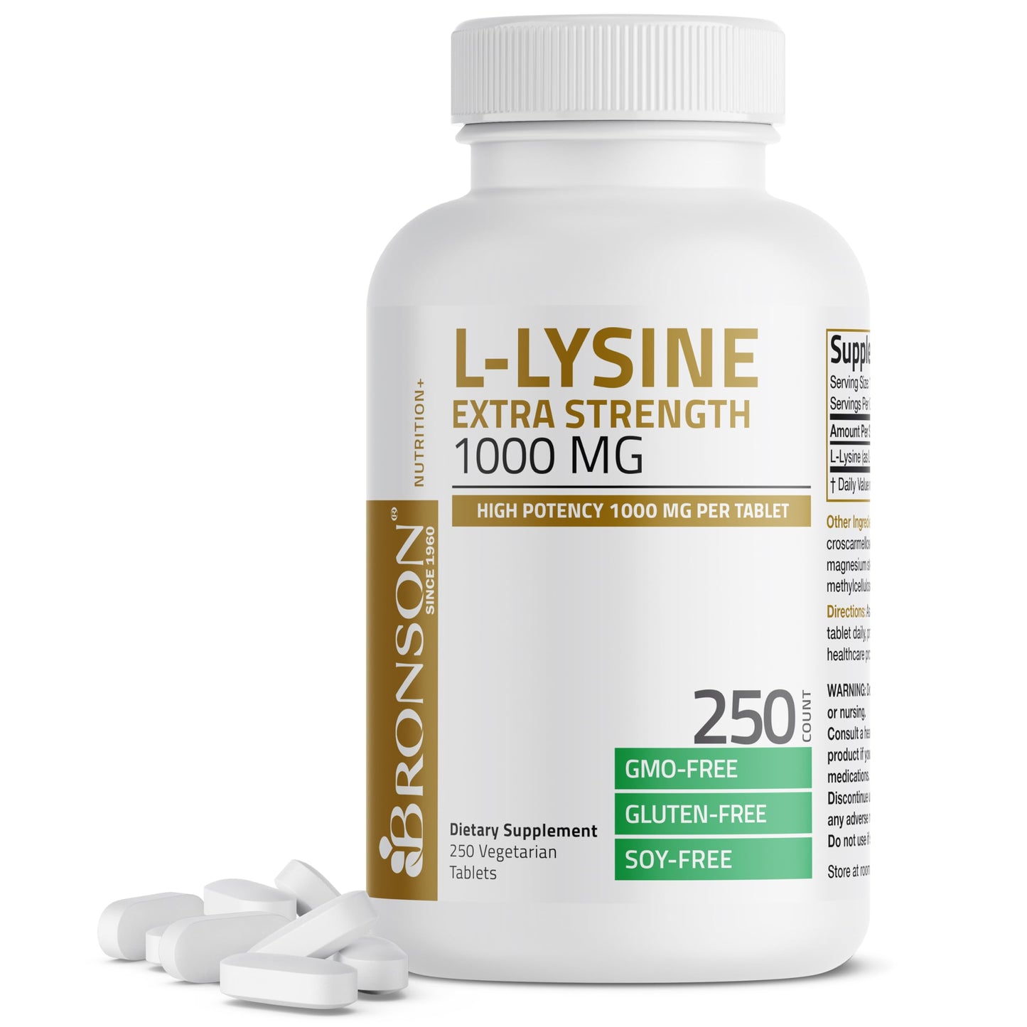 Bronson L-Lysine Extra Strength 1000 MG per Tablet High Potency, Immune Support & Supports Collagen Synthesis, Non-GMO, 250 Vegetarian Tablets