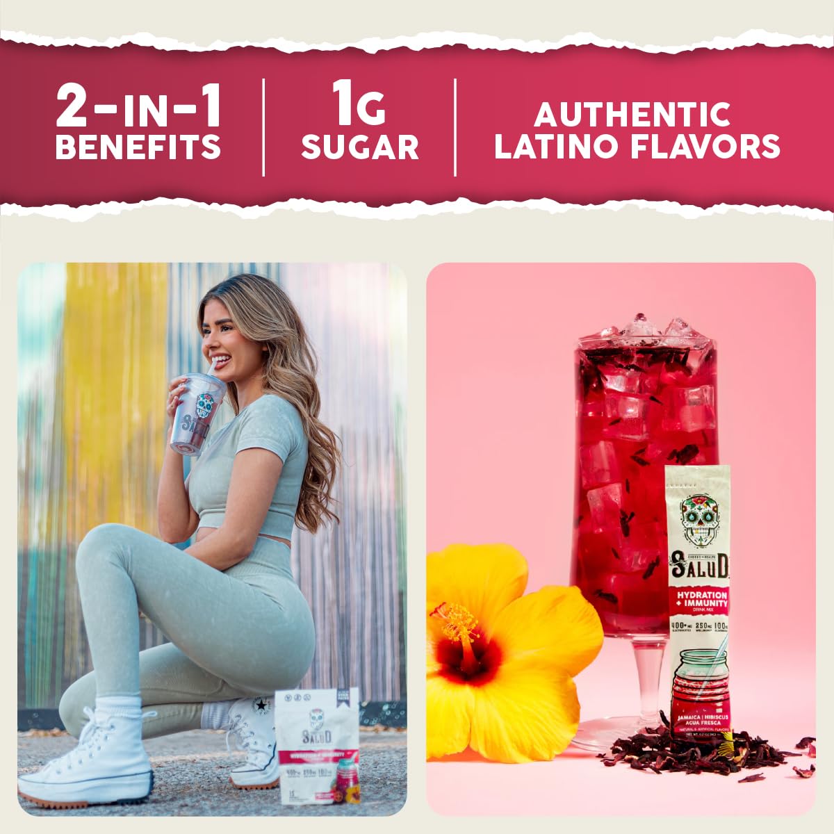 Salud 2-in-1 Hydration Packets + Immunity Electrolytes Powder, Hibiscus - Jamaica Agua Fresca Drink Mix, Elderberry, Dairy & Soy Free, Non-GMO, Gluten Free, Vegan, Low Calorie, 1g Sugar (15 Servings)