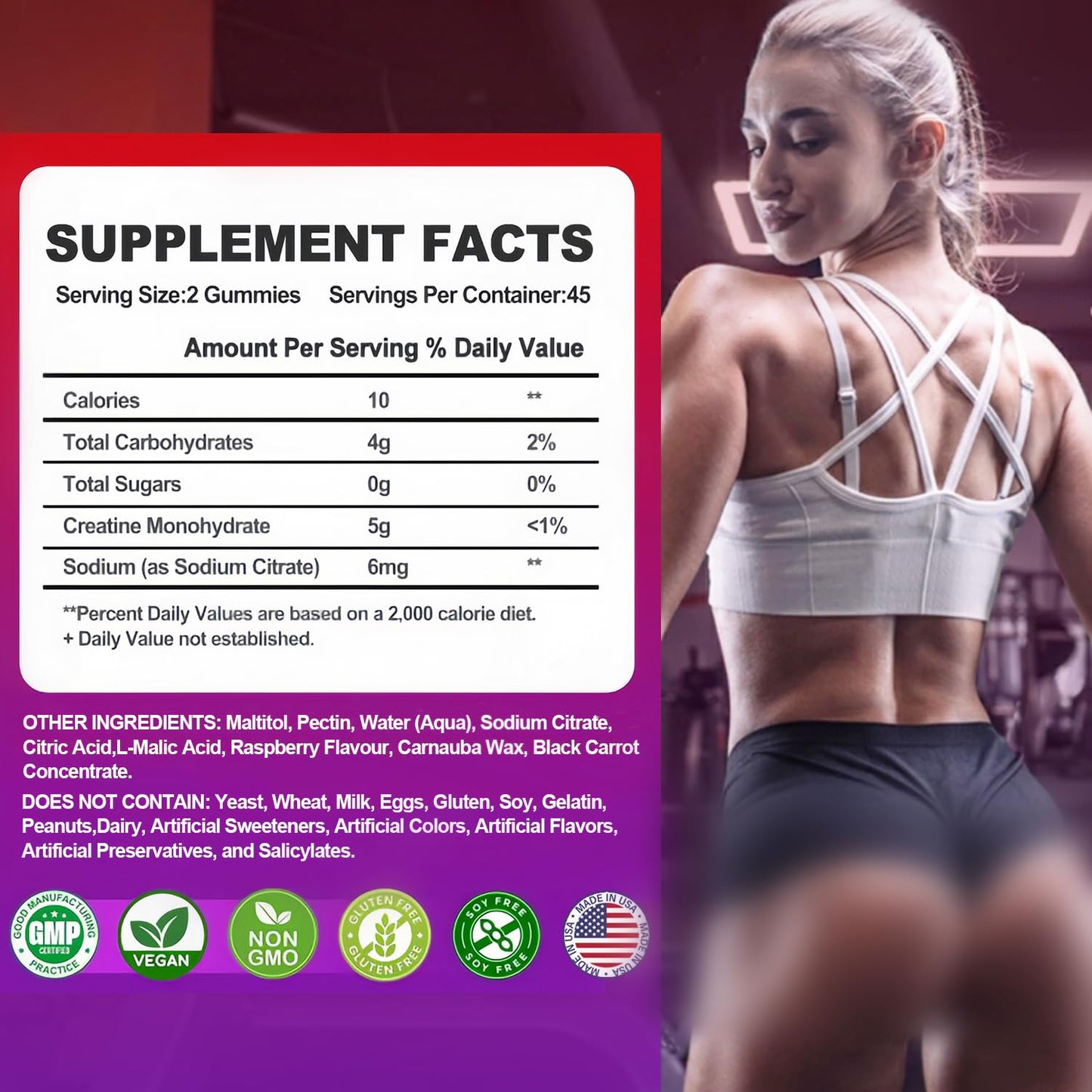 Creatine Monohydrate Gummies Infused with 5g Creatine for Men and Women, Chewables Creatine Monohydrate for Muscle Strength, Muscle Builder, Energy Boost, Pre-Workout Supplement(90 Count)-Raspberry