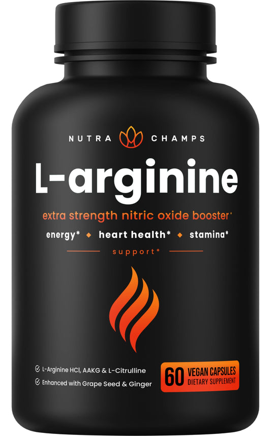 NutraChamps Premium L Arginine Supplement, 5-in-1 Nitric Oxide Supplement, L-Arginine Powder & L Citrulline Enhanced with Grape Seed & Ginger, Energy, Blood Flow, 60 Vegan Capsules
