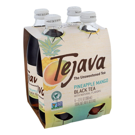 Tejava Pineapple Mango Black Iced Tea 4 Pack 12oz Glass Bottles Unsweetened NonGMO Kosher No Sugar or Sweeteners No calories No Preservatives Brewed in Small Batches