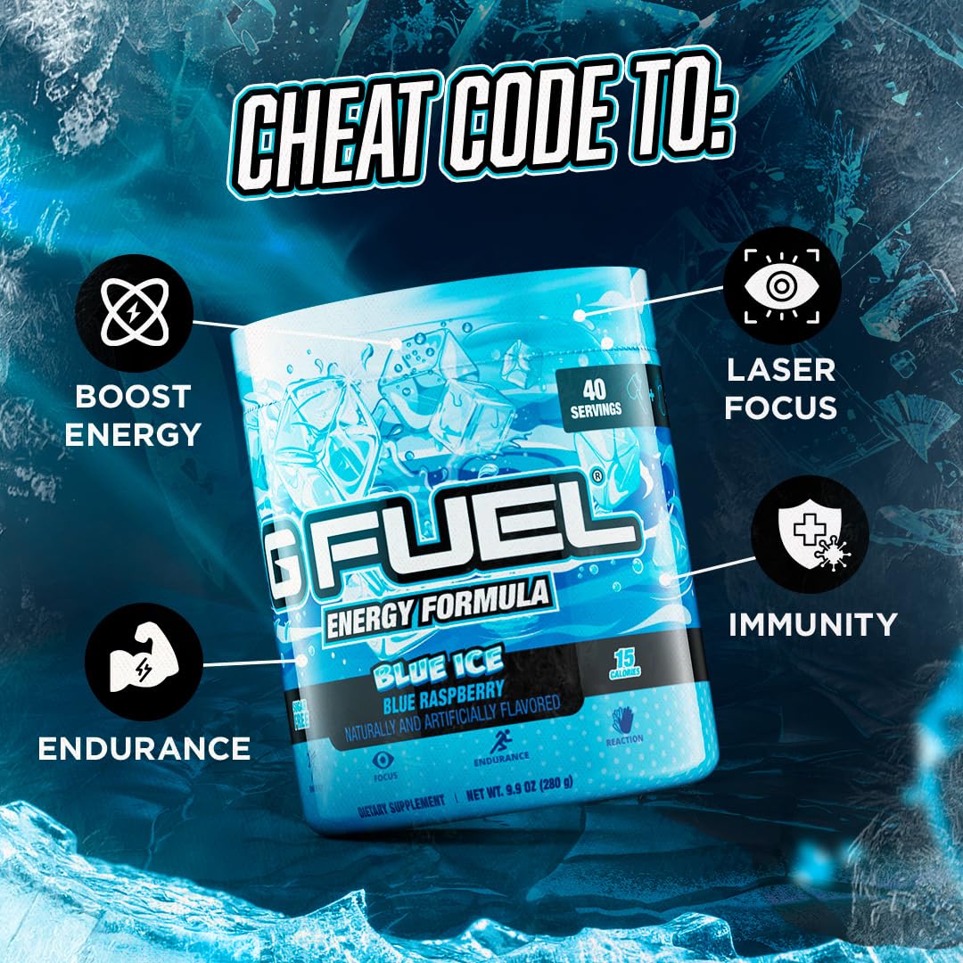 G Fuel Blue Ice Energy Drink Powder, Pre Workout Caffeine Mix for Gaming, Sugar Free Focus Amino, Vitamin + Antioxidants, 9.9oz (Blue Raspberry, 40 Servings)