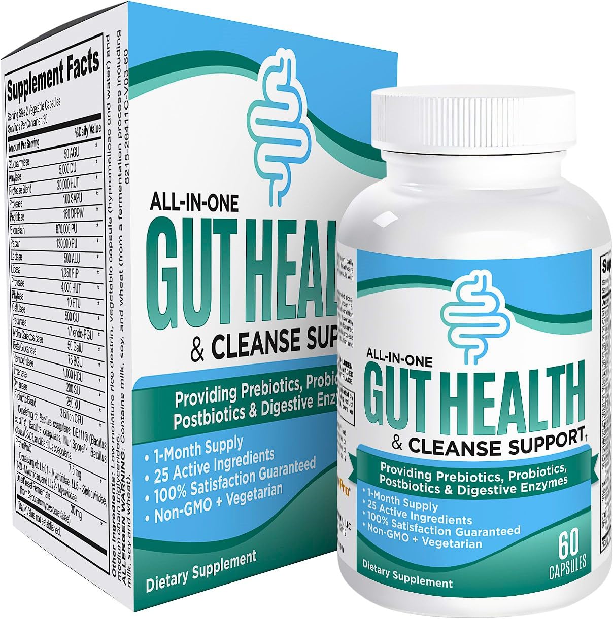 25-in-1 Gut Health Supplements (All-in-1) Gut Microbiome Support - Gut Cleanse Detox - Blend of Prebiotics, Probiotics, Postbiotics & Digestive Enzymes - Nutrient Dense Gut Supplement - 60 Capsules