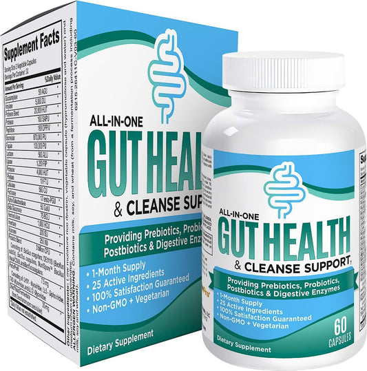 25-in-1 Gut Health Supplements (All-in-1) Gut Microbiome Support - Gut Cleanse Detox - Blend of Prebiotics, Probiotics, Postbiotics & Digestive Enzymes - Nutrient Dense Gut Supplement - 60 Capsules