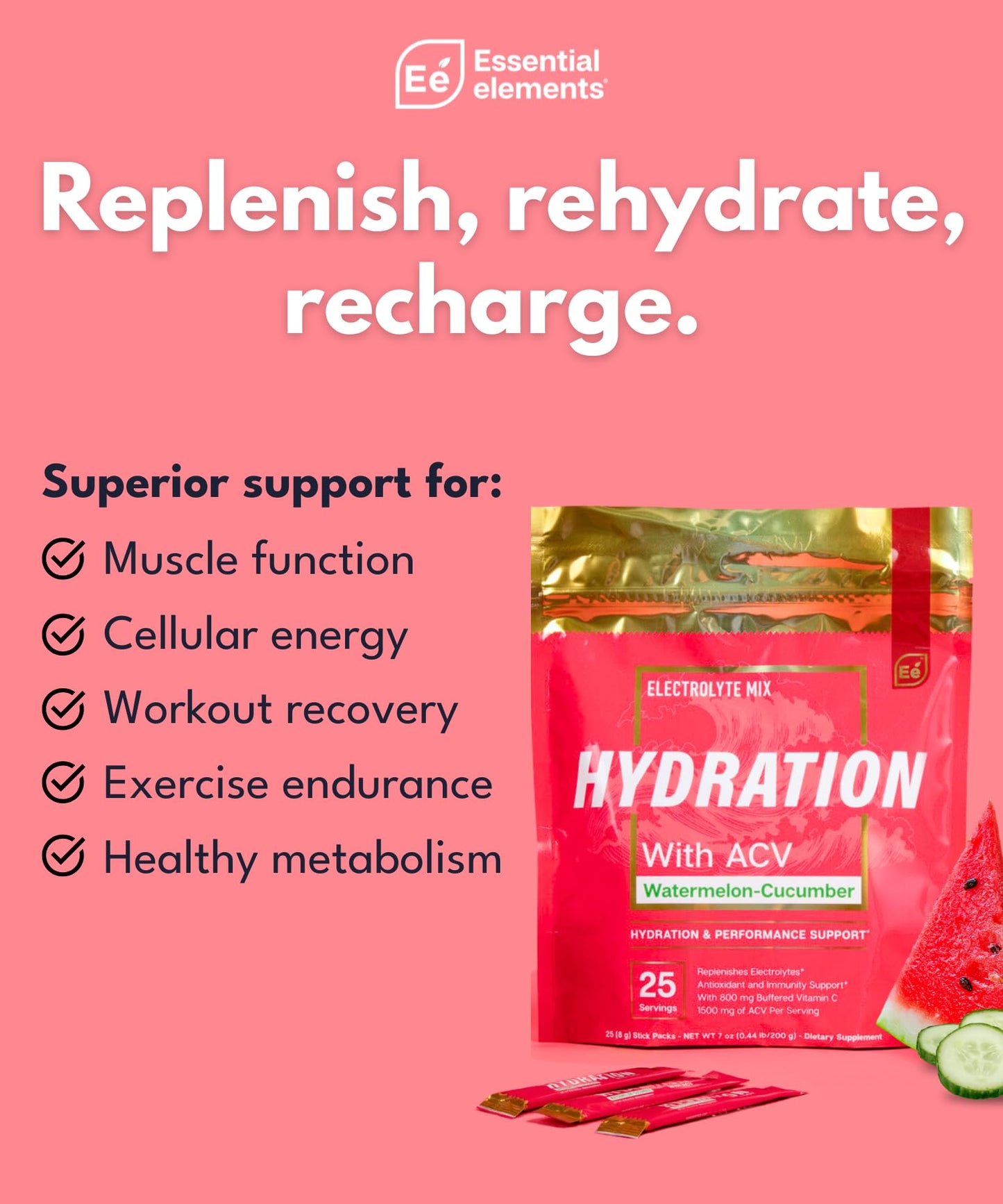 Essential Elements Hydration Packets - Watermelon Cucumber Pack - Sugar Free Electrolytes Powder Packets - 50 Stick Packs of Electrolytes Powder No Sugar - Hydration Drink - with ACV & Vitamin C