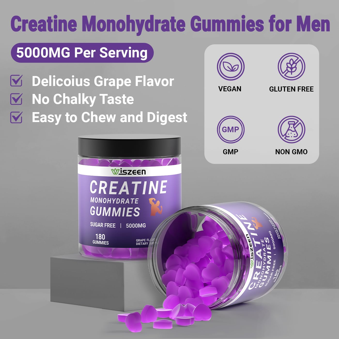 Sugar Free Creatine Monohydrate Gummies for Men Women, Creatine Monohydrate Gummy with L-Taurine, Alpha GPC, Vitamin B12