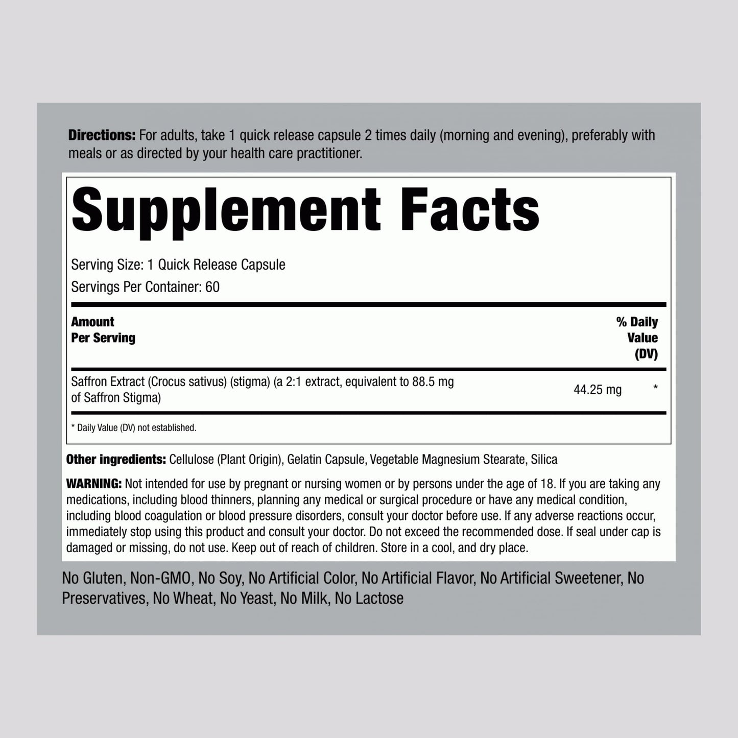 Piping Rock Saffron Supplement | 60 Extract Capsules | for Women & Men | Non-GMO, Gluten Free
