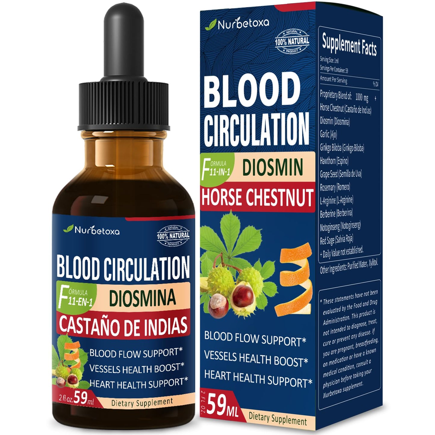 Nurbetoxa Blood Circulation Horse Chestnut Extract Liquid Drops, Castaño de Indias y Diosmina para la Circulacion y Varices, Nitric Oxide Supplement for Blood Flow, Pressure & Heart Health.2 oz