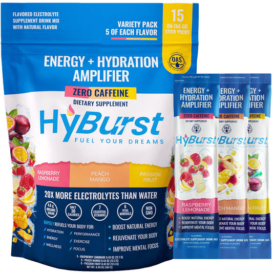 Hyburst Energy + Hydration Amplifier - Multivitamin Electrolyte Powder Packets with Vitamins D3 K2 & B6 B12 | L-Theanine, Cane Sugar, Caffeine Free Energy Drink Powder | Variety Pack, 15 Pack
