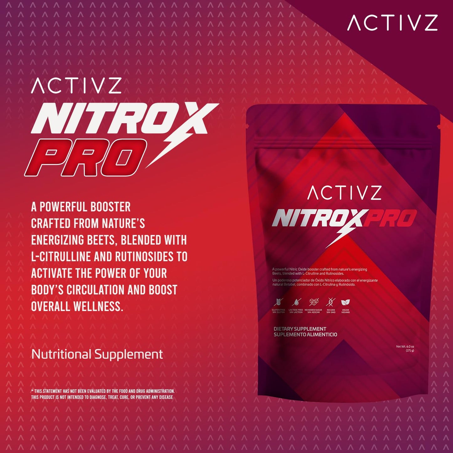 ACTIVZ NitroxPro™ Drink Powder - Beets, L-Citrulline, Rutinosides, CyLoc Dextrin & DexKey for Nitric Oxide, Cardiovascular Support, 6.0 oz (171g)