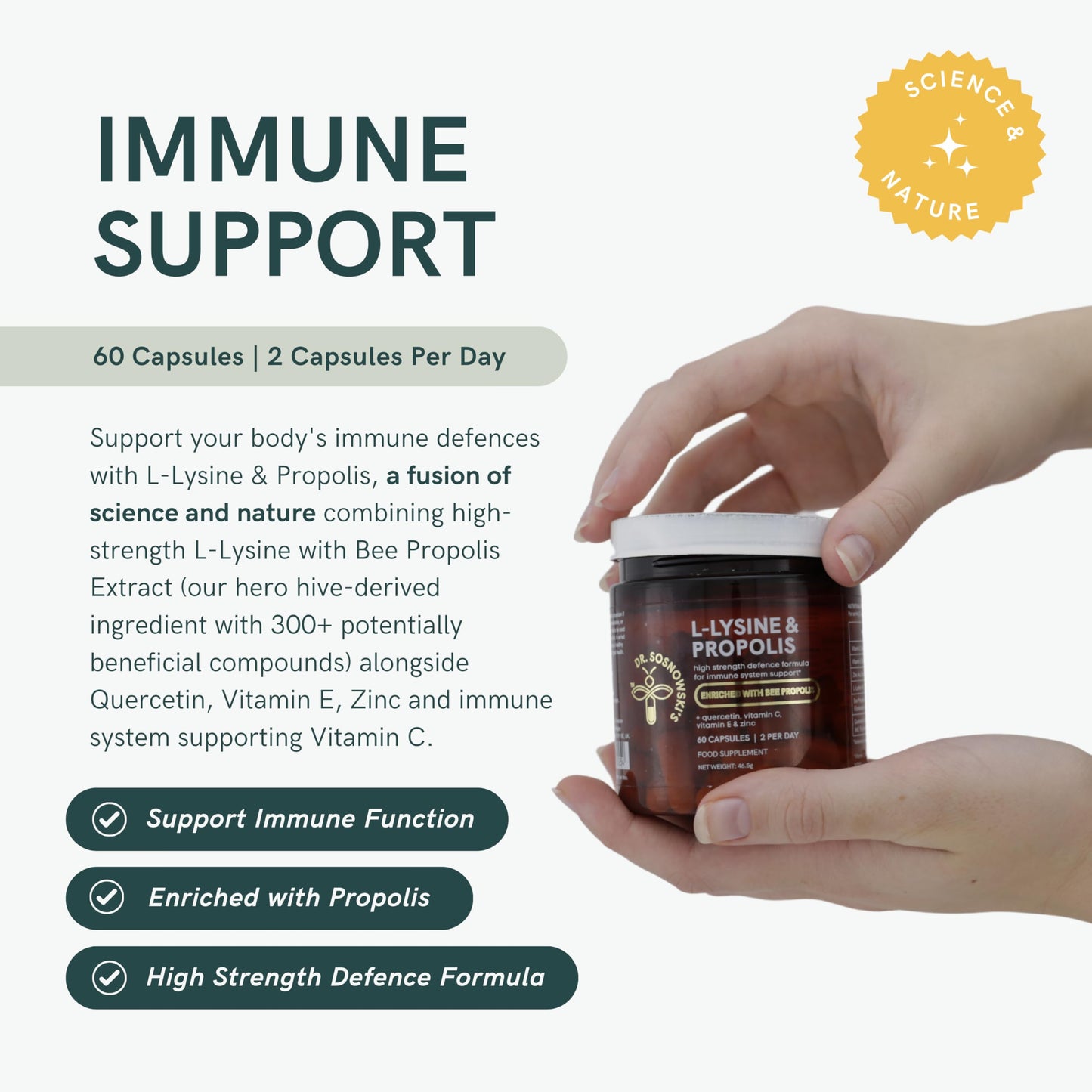 Herstat L-Lysine & Propolis Supplements High Potency L Lysine Immune Support Formula with 5:1 Propolis Extract, Quercetin, VIT C, VIT E and Zinc