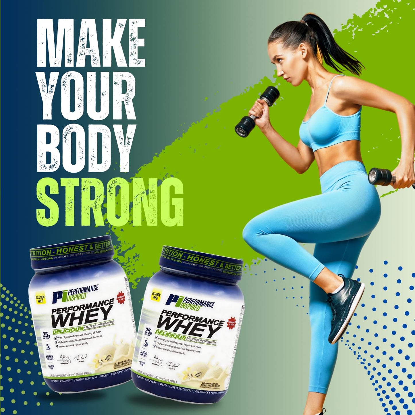 PERFORMANCE INSPIRED Nutrition WHEY Protein Powder - All Natural - 25G Protein - BCAAs - Digestive Enzymes - Fiber Packed - Natural Vanilla - 2lb